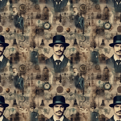 Repeating pattern of a vintage-styled man in a suit and bowler hat. Background includes old clocks, gears, and sepia-toned ornamental designs.