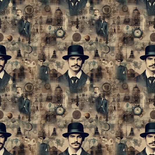 Repeating pattern of a vintage-styled man in a suit and bowler hat. Background includes old clocks, gears, and sepia-toned ornamental designs.