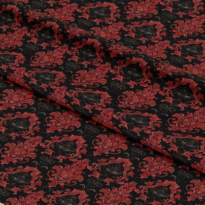 - Gothic Damask Pattern 7 Quilting Cotton Fabric  
- Black background  
- Red ornamental floral motifs  
- Elegant vintage design  
- Quilting material  
- Cotton textile  
- Baroque style  
- Victorian inspired  
- Decorative fabric  
- Rich dark colors