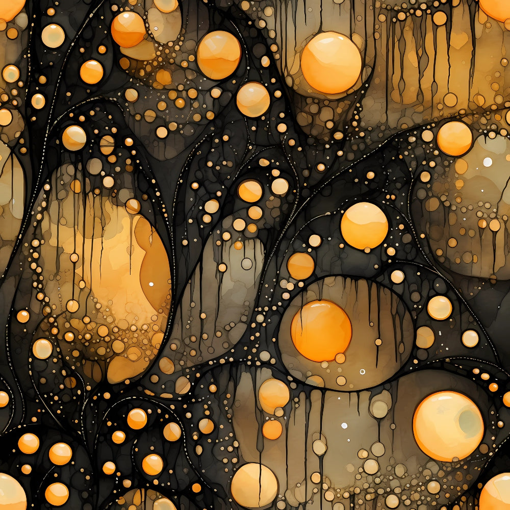 Abstract artwork featuring various sized orange spheres with black, fluid-like lines and drips. The background has a gradient of gray and beige tones.