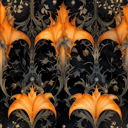 Ornate pattern with symmetrical, stylized orange leaves and vines against a dark background.