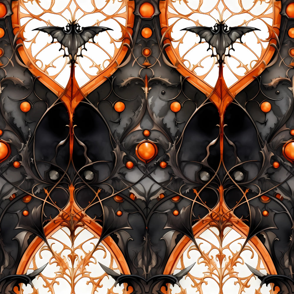 Intricate pattern with bat motifs, orange and black swirls, circular details, and gothic elements forming a symmetrical design.