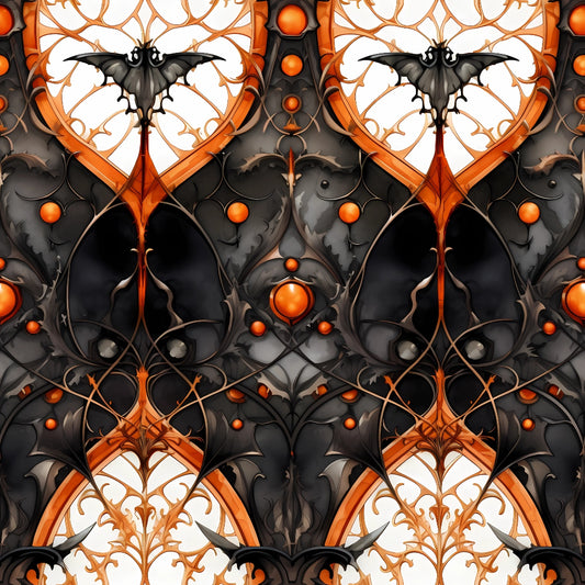 Intricate pattern with bat motifs, orange and black swirls, circular details, and gothic elements forming a symmetrical design.