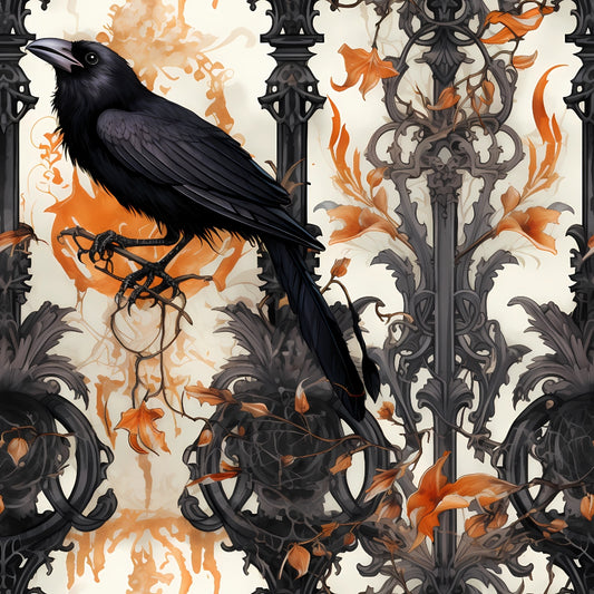 A crow perched on an ornate, gothic ironwork with orange vines and leaves.