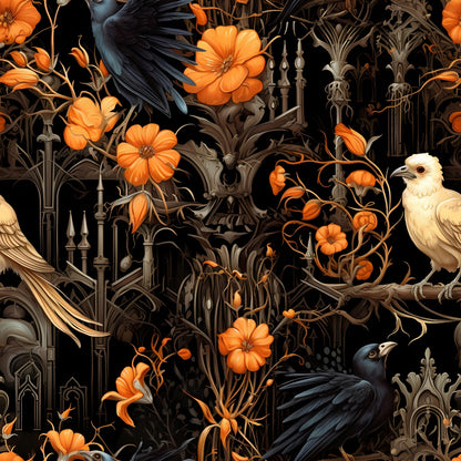 Intricate gothic backdrop with blooming orange flowers, dark feathered birds, and a pale bird perched on twisting branches.