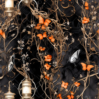 Ornate design of twisting vines with orange flowers and butterflies, against a dark background. Lanterns hang amid the foliage.