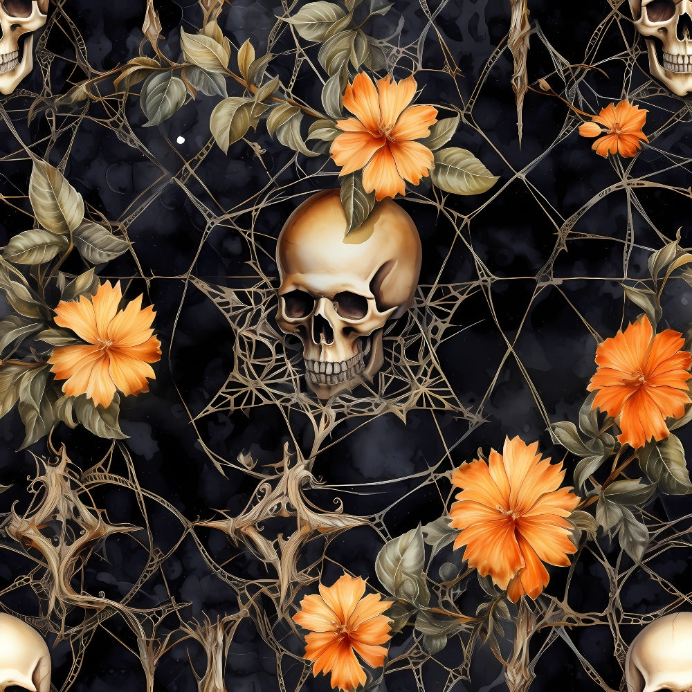 Skull with spider webs, surrounded by orange flowers and green leaves on a dark background.