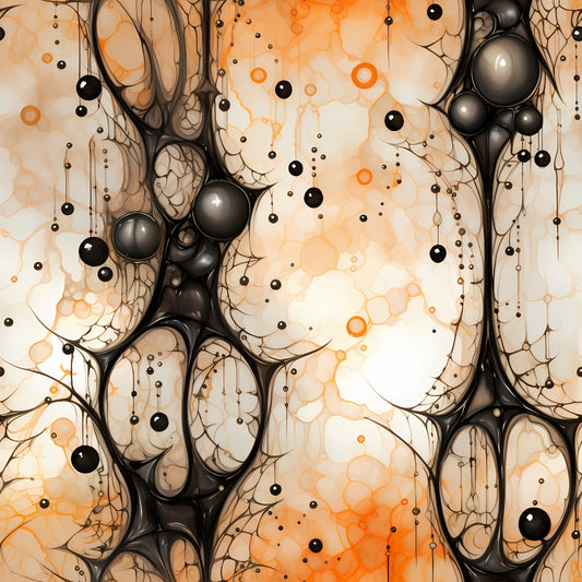 Abstract image with black interconnected lines and round shapes against an orange and beige swirling background.