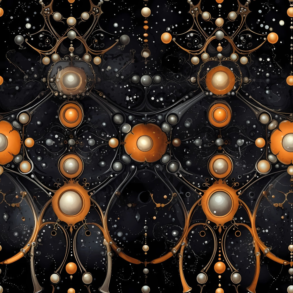 Abstract artwork featuring interwoven metallic patterns with spherical elements in orange, silver, and gold on a dark background. Various circular and curved shapes create a complex design.