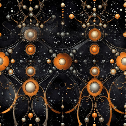 Abstract artwork featuring interwoven metallic patterns with spherical elements in orange, silver, and gold on a dark background. Various circular and curved shapes create a complex design.