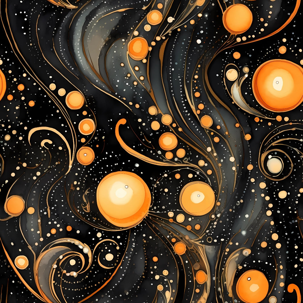 black background, orange circles, swirling patterns, cosmic design, celestial motifs, flowing ribbons, abstract swirls, starry night, halloween colors, quilting cotton, fabric panel, mystical atmosphere, curved lines, dotted details, space theme, whimsical spirals, gothic aesthetic, seasonal fabric