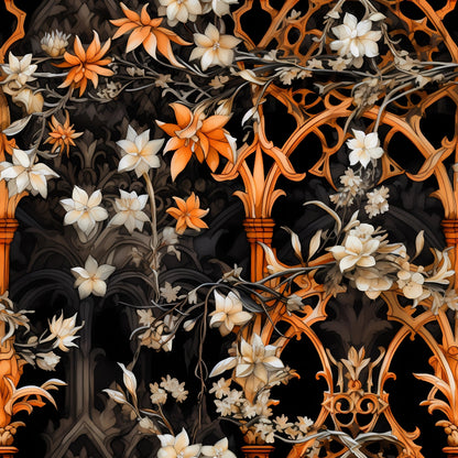 Intricate floral design with orange and white flowers intertwined with ornate gothic arches on a dark background.