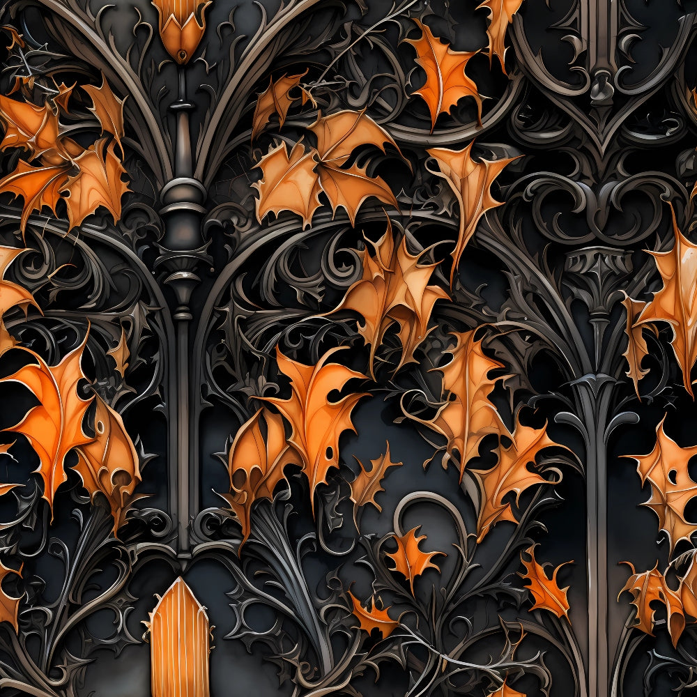 Ornate black wrought iron with intricate patterns and stylized orange autumn leaves.