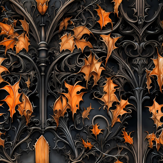 Ornate black wrought iron with intricate patterns and stylized orange autumn leaves.