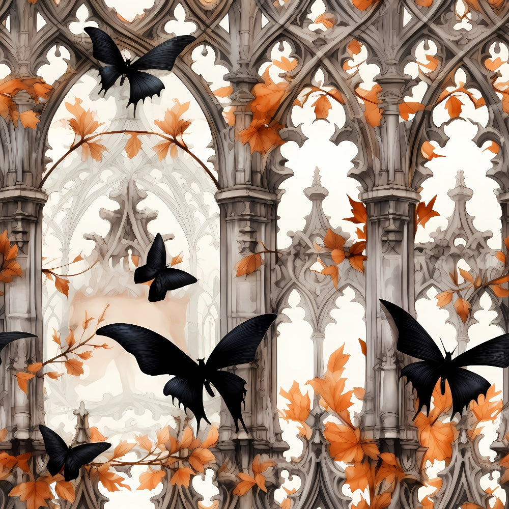 Gothic-style arches with black butterflies and orange leaves.