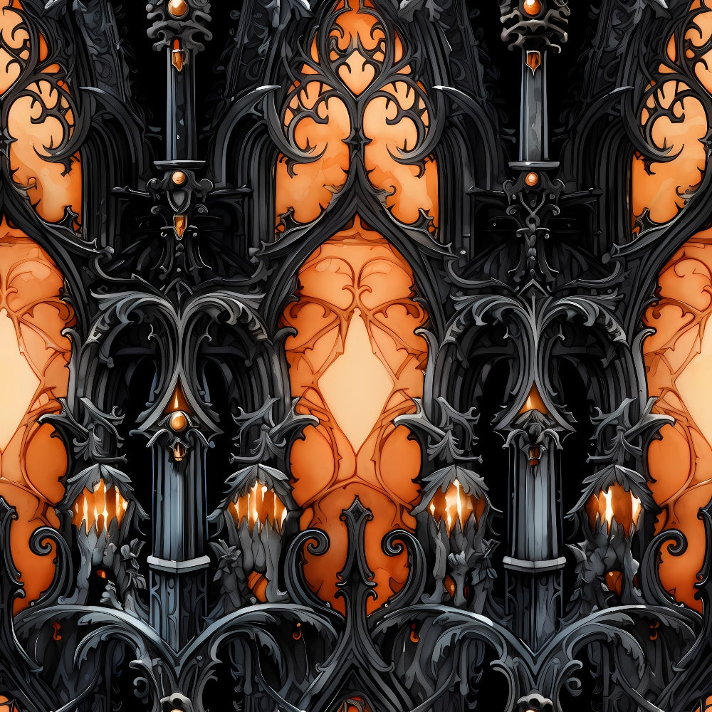 Ornate gothic metalwork with intricate, symmetrical patterns and glowing amber backlighting, forming an elaborate architectural design.