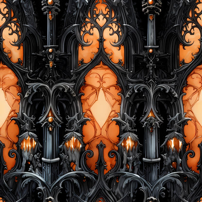 Ornate gothic metalwork with intricate, symmetrical patterns and glowing amber backlighting, forming an elaborate architectural design.