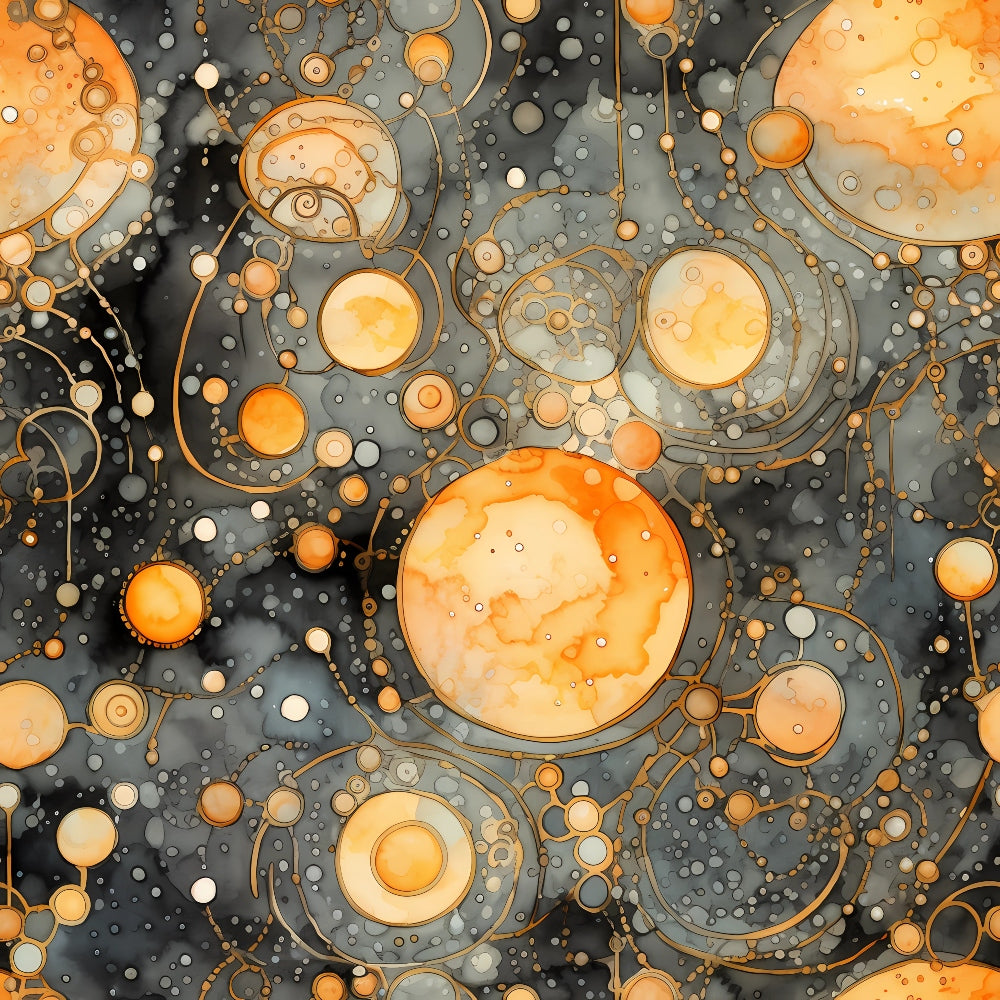 Abstract artwork with orange and yellow circular shapes and swirling lines on a dark background, resembling planets and cosmic patterns.