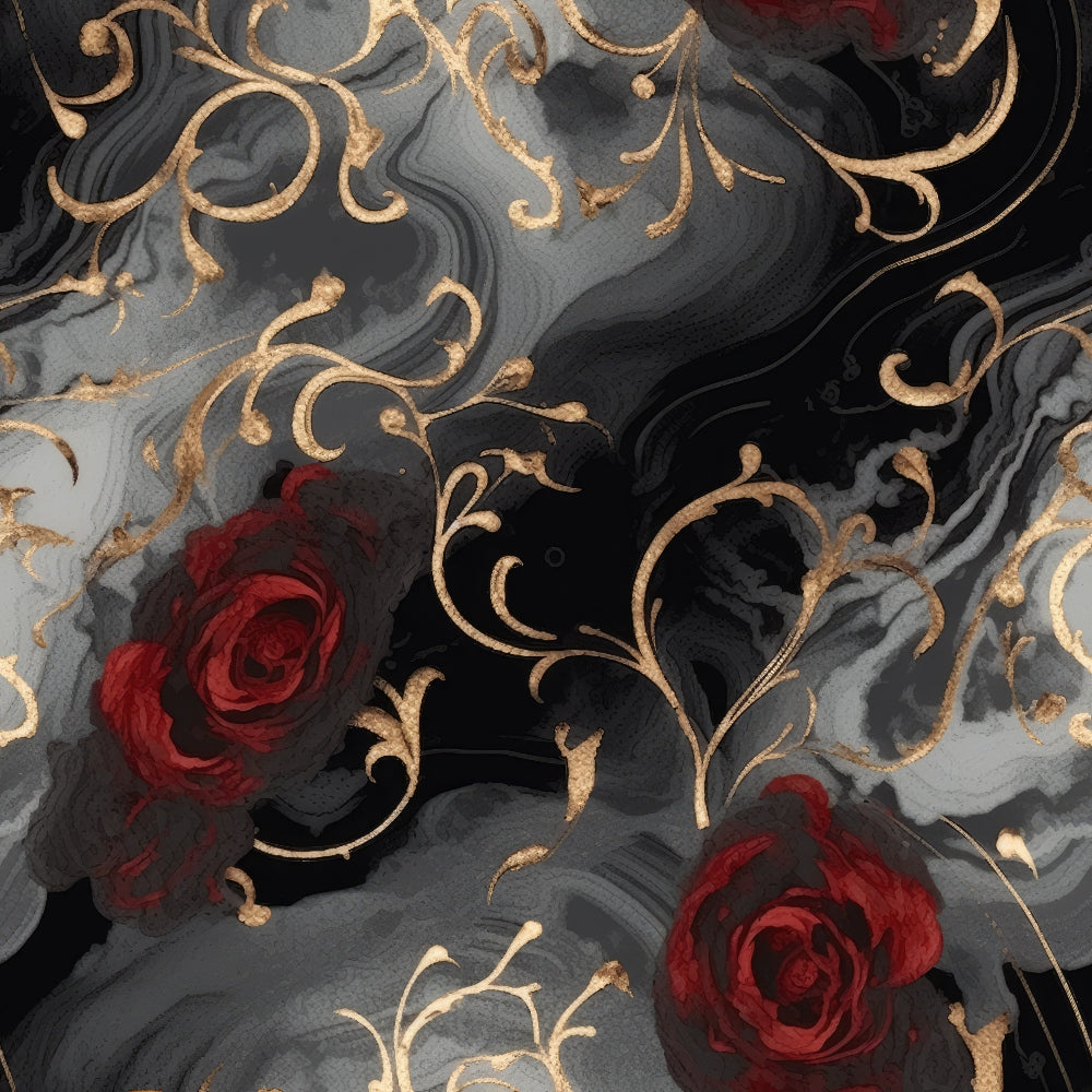 dark gray, charcoal black, deep red, burgundy, gold accents, marbled swirls, gothic roses, ornate scrollwork, decorative flourishes, moody atmosphere, dramatic pattern, quilting cotton, fabric panel, swirling design, elegant curves, romantic gothic, luxurious feel, flowing lines, vintage ornaments