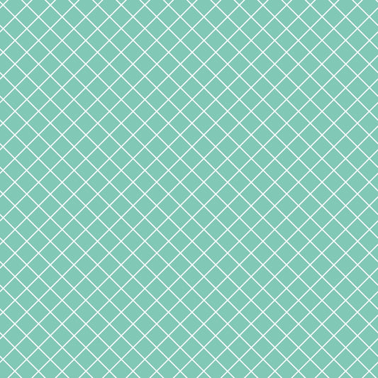 A teal background with a white diamond grid pattern.