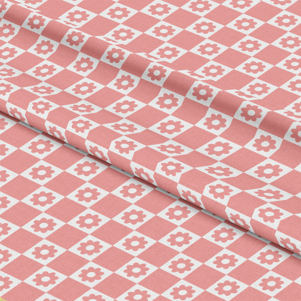 Groovy Peace and Love Pattern 7 Quilting Cotton Fabric, cotton material, quilting fabric, pink and white, floral motifs, checkered design, vintage style, retro, soft textile, craft fabric, sewing fabric, decorative fabric, lightweight cotton, smooth texture, creative fabric for quilting projects, pink flowers, pastel colors, fabric yardage, American made