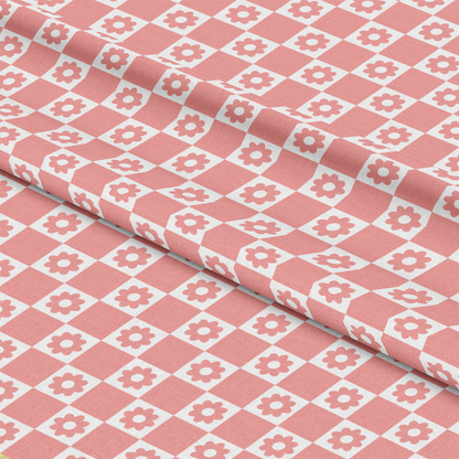 Groovy Peace and Love Pattern 7 Quilting Cotton Fabric, cotton material, quilting fabric, pink and white, floral motifs, checkered design, vintage style, retro, soft textile, craft fabric, sewing fabric, decorative fabric, lightweight cotton, smooth texture, creative fabric for quilting projects, pink flowers, pastel colors, fabric yardage, American made