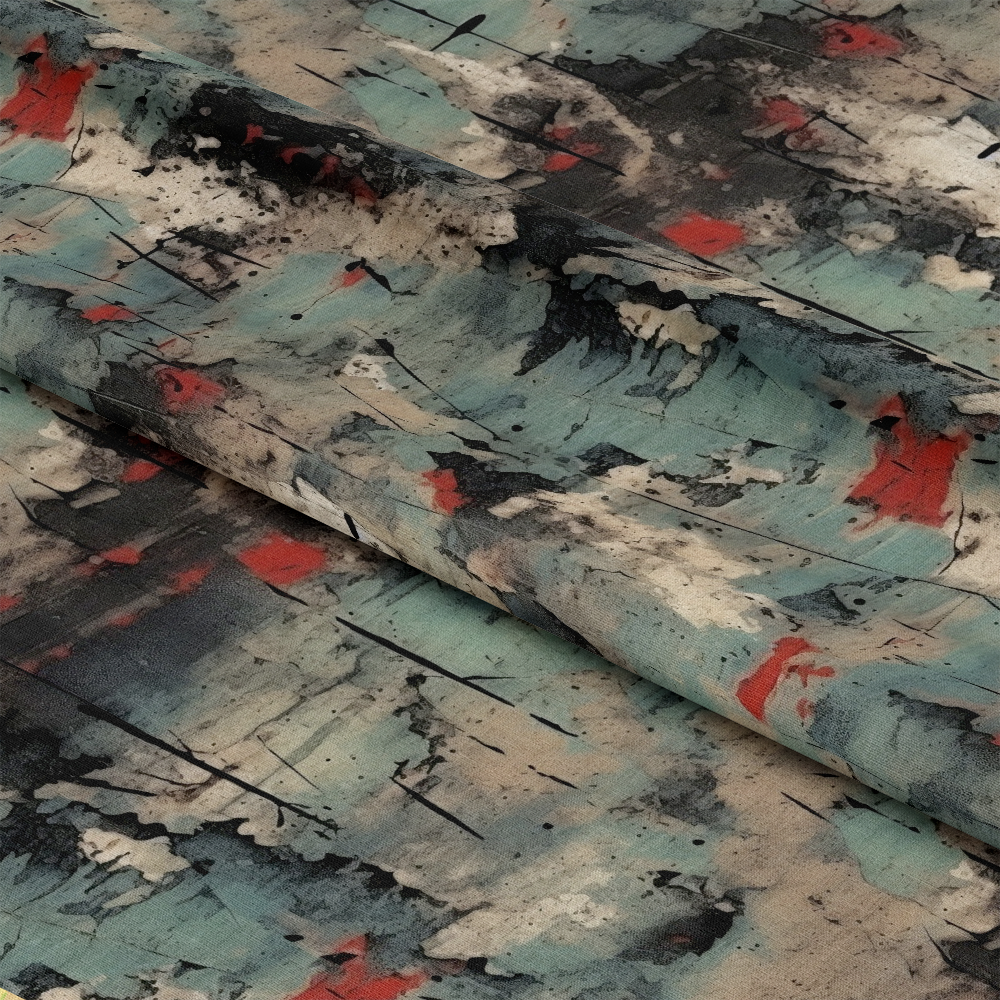 - Grunge Dry Paint Texture Pattern 11 Quilting Cotton Fabric - abstract - textured - muted teal - beige - black splatters - red accents - artistic - painterly - cotton - quilting material - fabric yardage - organic - distressed - multi-color
