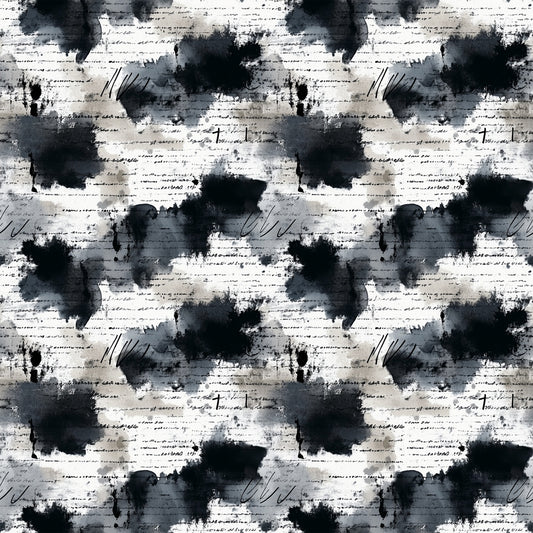 A seamless pattern features black ink blots and watercolor stains layered over handwritten script text on a white background, creating an abstract, textured design. The pattern repeats evenly across the image.