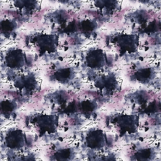 A seamless pattern with dark blue, black, and purple watercolor splotches overlaid with handwritten cursive script on a white background. The design repeats evenly, creating an abstract, textured appearance.