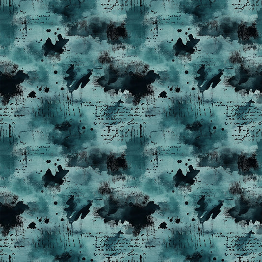 A teal and black patterned background featuring watercolor-style ink splatters, abstract shapes, and scattered handwritten script text, repeated seamlessly across the image.