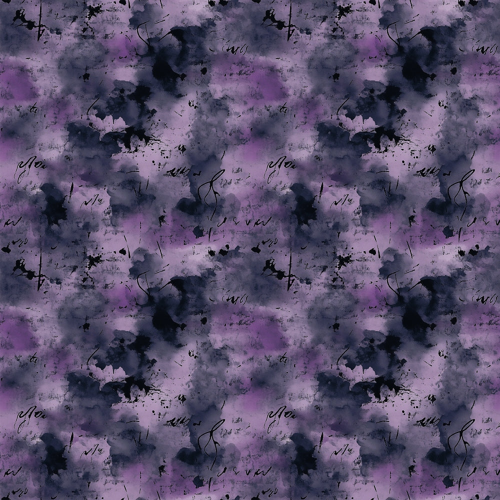 A seamless pattern featuring abstract watercolor blotches in shades of purple and black, with scattered handwritten script in black ink overlaying the background.