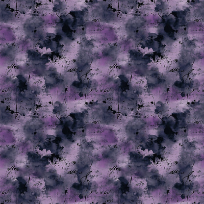 A seamless pattern featuring abstract watercolor blotches in shades of purple and black, with scattered handwritten script in black ink overlaying the background.