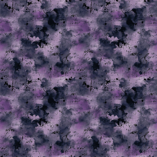 A seamless pattern featuring abstract watercolor blotches in shades of purple and black, with scattered handwritten script in black ink overlaying the background.