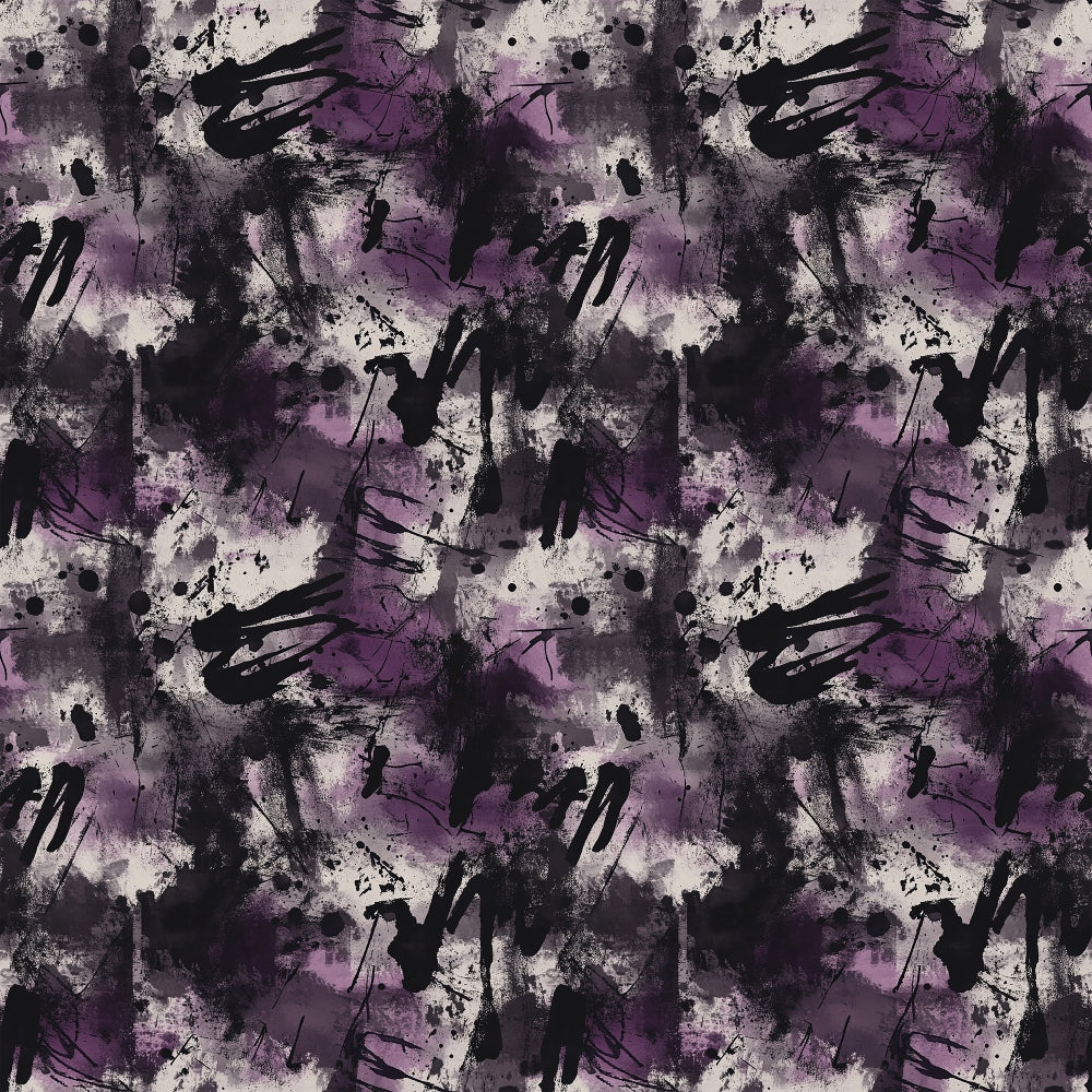 A seamless pattern featuring abstract brush strokes and splatters in shades of purple, black, and white, with a textured and layered appearance resembling expressive, modern art.
