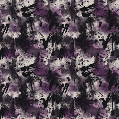A seamless pattern featuring abstract brush strokes and splatters in shades of purple, black, and white, with a textured and layered appearance resembling expressive, modern art.