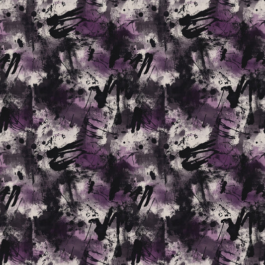 A seamless pattern featuring abstract brush strokes and splatters in shades of purple, black, and white, with a textured and layered appearance resembling expressive, modern art.