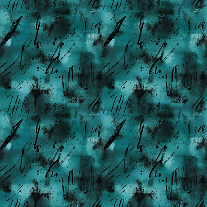 A seamless teal and black abstract pattern featuring paint splatters, smudges, and scattered black brushstrokes on a textured background. The design is evenly repeated across the entire image.