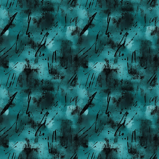 A seamless teal and black abstract pattern featuring paint splatters, smudges, and scattered black brushstrokes on a textured background. The design is evenly repeated across the entire image.
