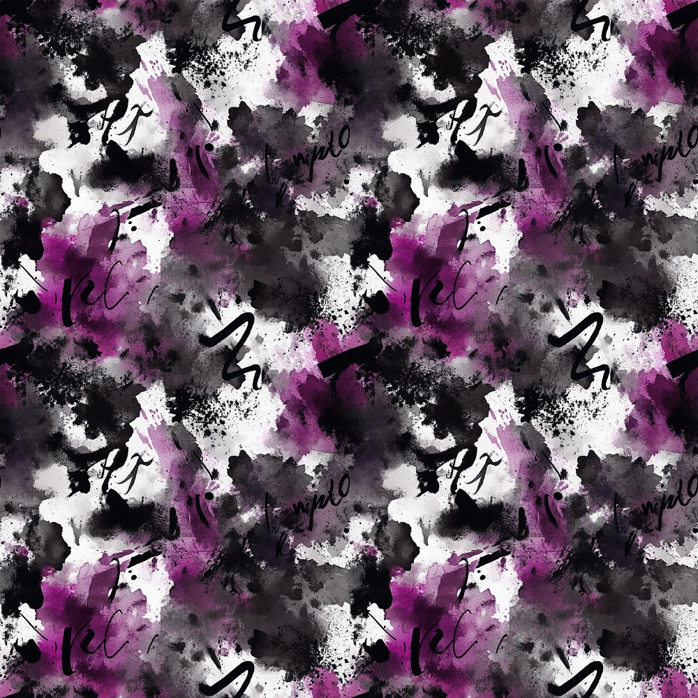 A seamless abstract pattern with black, white, and purple watercolor splashes, ink blots, and bold brush strokes on a repeating square grid.
