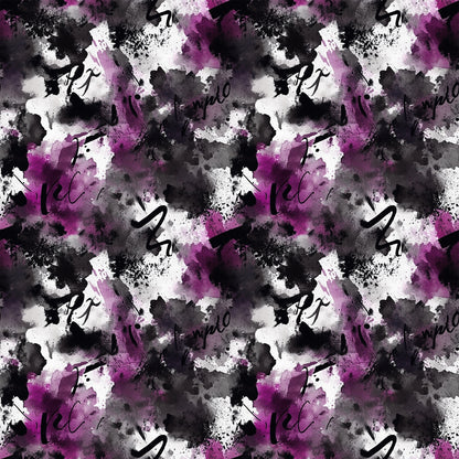 A seamless abstract pattern with black, white, and purple watercolor splashes, ink blots, and bold brush strokes on a repeating square grid.