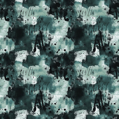 Abstract pattern featuring dark green and black watercolor splashes, ink blotches, and scattered scribbles. The design repeats seamlessly, creating a textured, artistic background. No recognizable objects or figures are present.