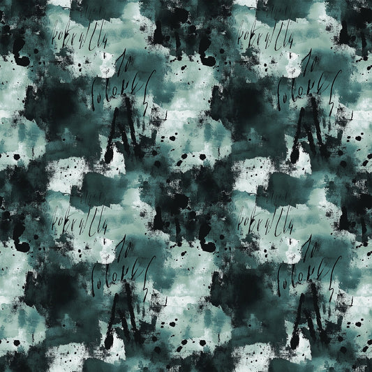 Abstract pattern featuring dark green and black watercolor splashes, ink blotches, and scattered scribbles. The design repeats seamlessly, creating a textured, artistic background. No recognizable objects or figures are present.