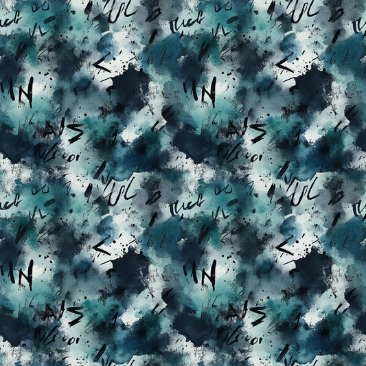 A seamless abstract pattern featuring teal, black, and white watercolor textures with scattered black scribbles and marks on a repeating grid. The overall effect is dynamic and textured.