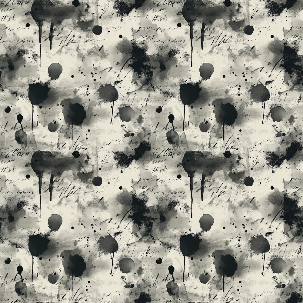 A seamless pattern with black ink splatters, drips, and handwritten script on a white background, creating an abstract artistic design repeated throughout the image.