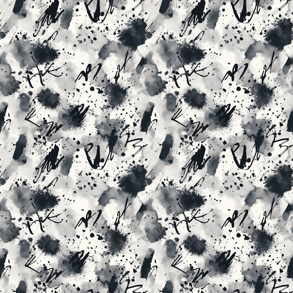 Abstract pattern with black ink splatters, brush strokes, and scribbles on a white background, creating a random, artistic, and textured appearance. The elements are repeated seamlessly across the image.