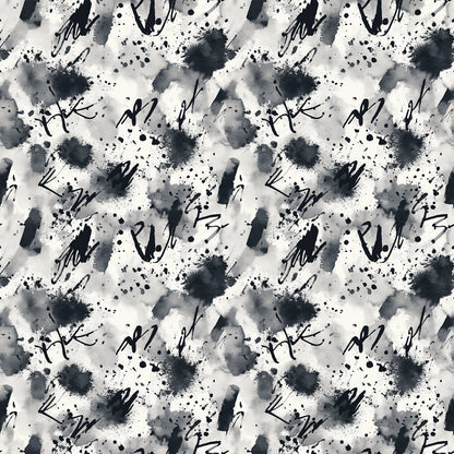 Abstract pattern with black ink splatters, brush strokes, and scribbles on a white background, creating a random, artistic, and textured appearance. The elements are repeated seamlessly across the image.