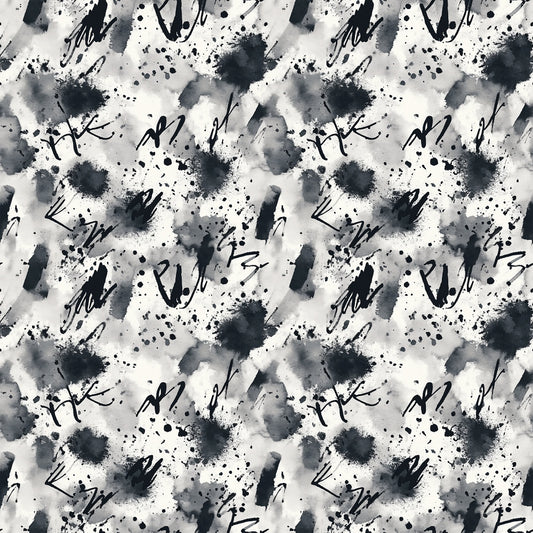 Abstract pattern with black ink splatters, brush strokes, and scribbles on a white background, creating a random, artistic, and textured appearance. The elements are repeated seamlessly across the image.