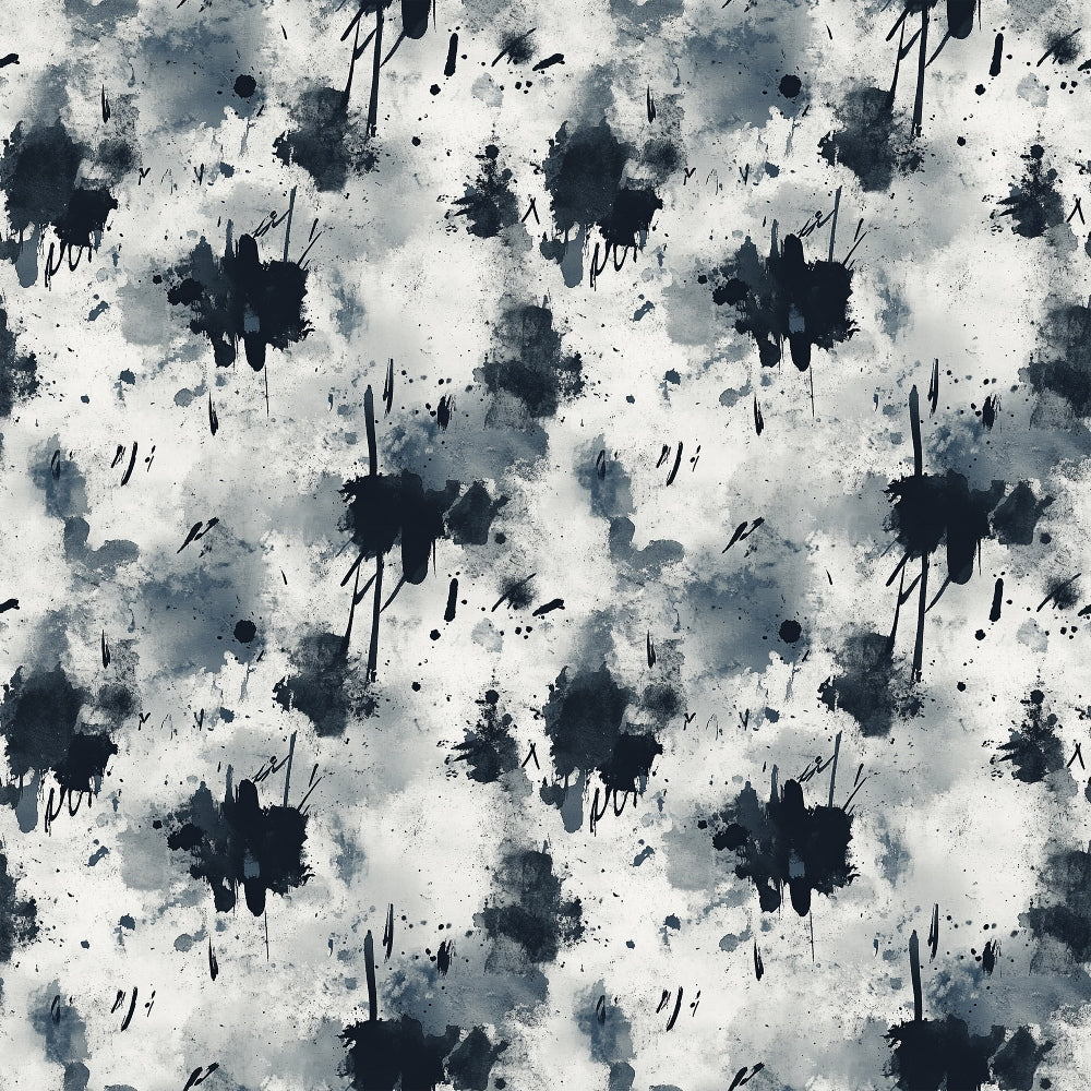 Seamless pattern featuring abstract black and gray ink splatters and brushstrokes on a white background, creating a random, artistic, and slightly textured appearance.
