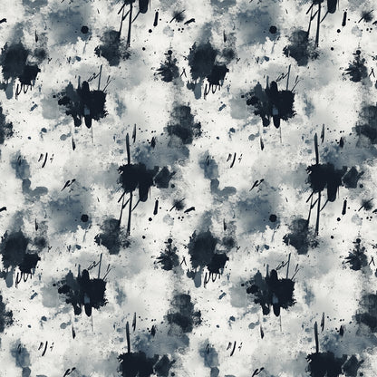 Seamless pattern featuring abstract black and gray ink splatters and brushstrokes on a white background, creating a random, artistic, and slightly textured appearance.