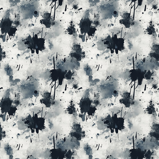 Seamless pattern featuring abstract black and gray ink splatters and brushstrokes on a white background, creating a random, artistic, and slightly textured appearance.